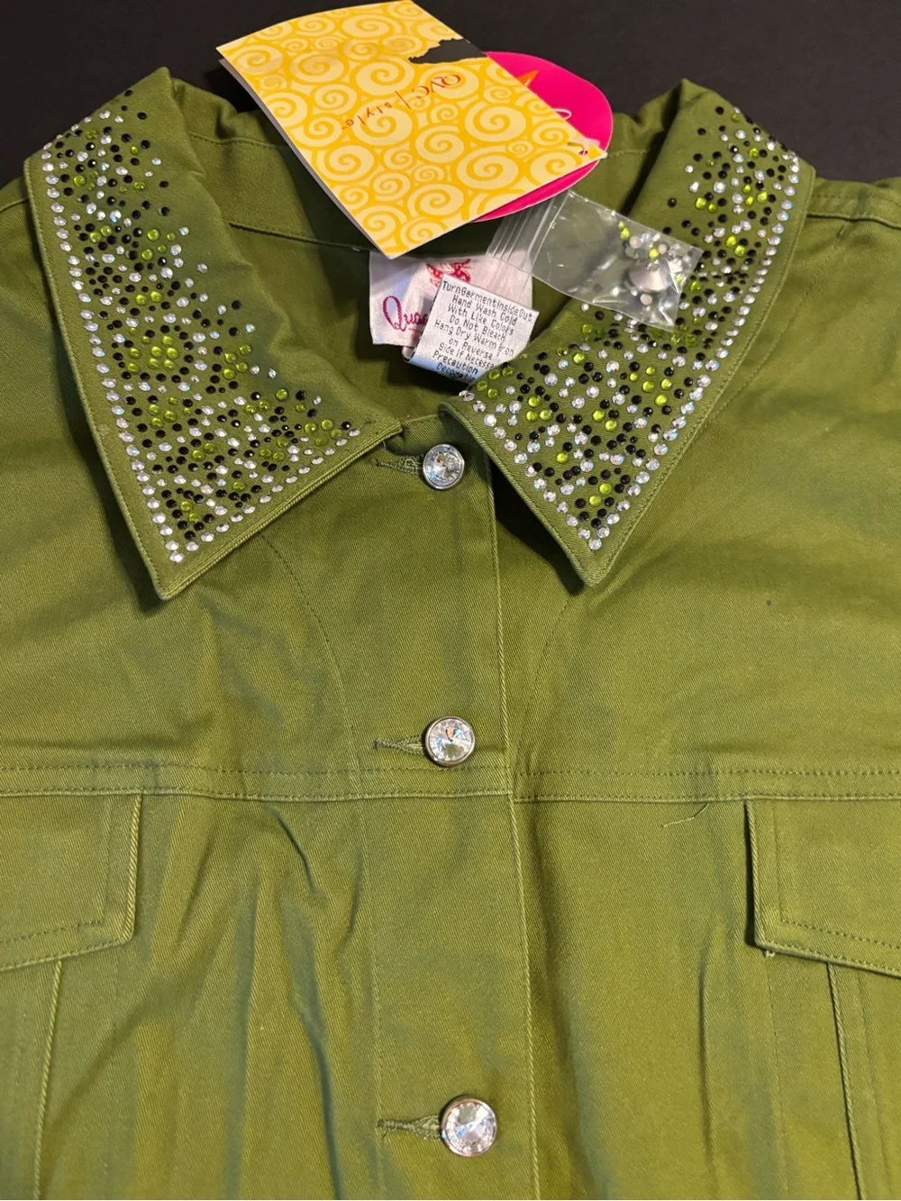 Quacker Factory Women’s 3X Olive Green Rhinestone Button Front Jacket NWT